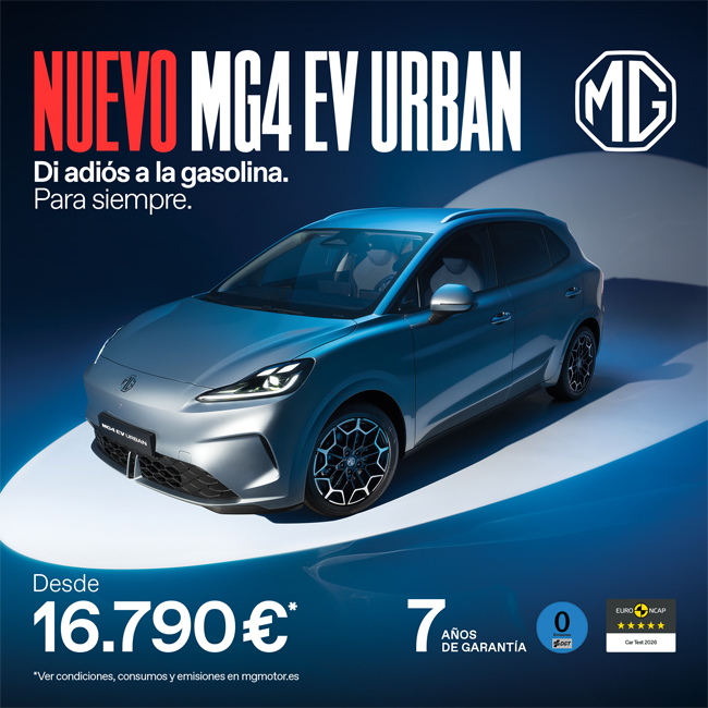 Cartel publicitario del nuevo coche eléctrico MG4 EV Urban en color azul turquesa. Incluye el logo de MG, el eslogan 'Di adiós a la gasolina' y detalles destacados como 'Desde 16.790€', '7 años de garantía', el sello de 0 emisiones DGT y las 5 estrellas de seguridad Euro NCAP 2026. Fondo azul degradado.